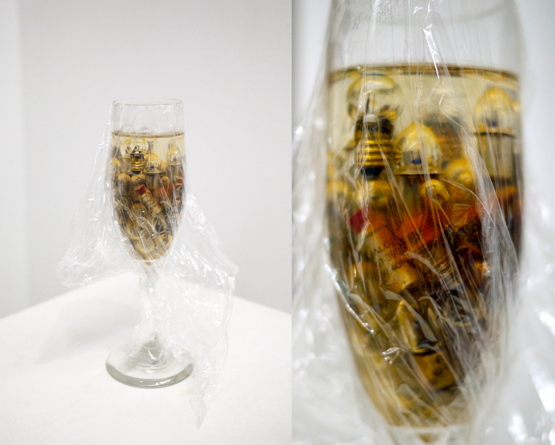 Circuit Drink,  glassware, water, cellophane, lightbulbs, and circuit parts