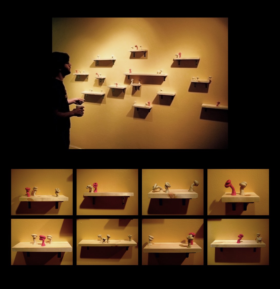 Mold (before), interactive installation of molding clay on wood shelves