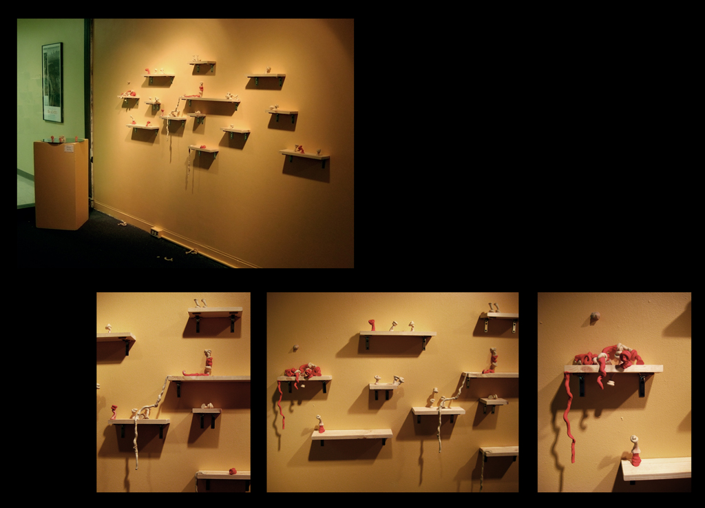 Mold (after), interactive installation of molding clay on wood shelves