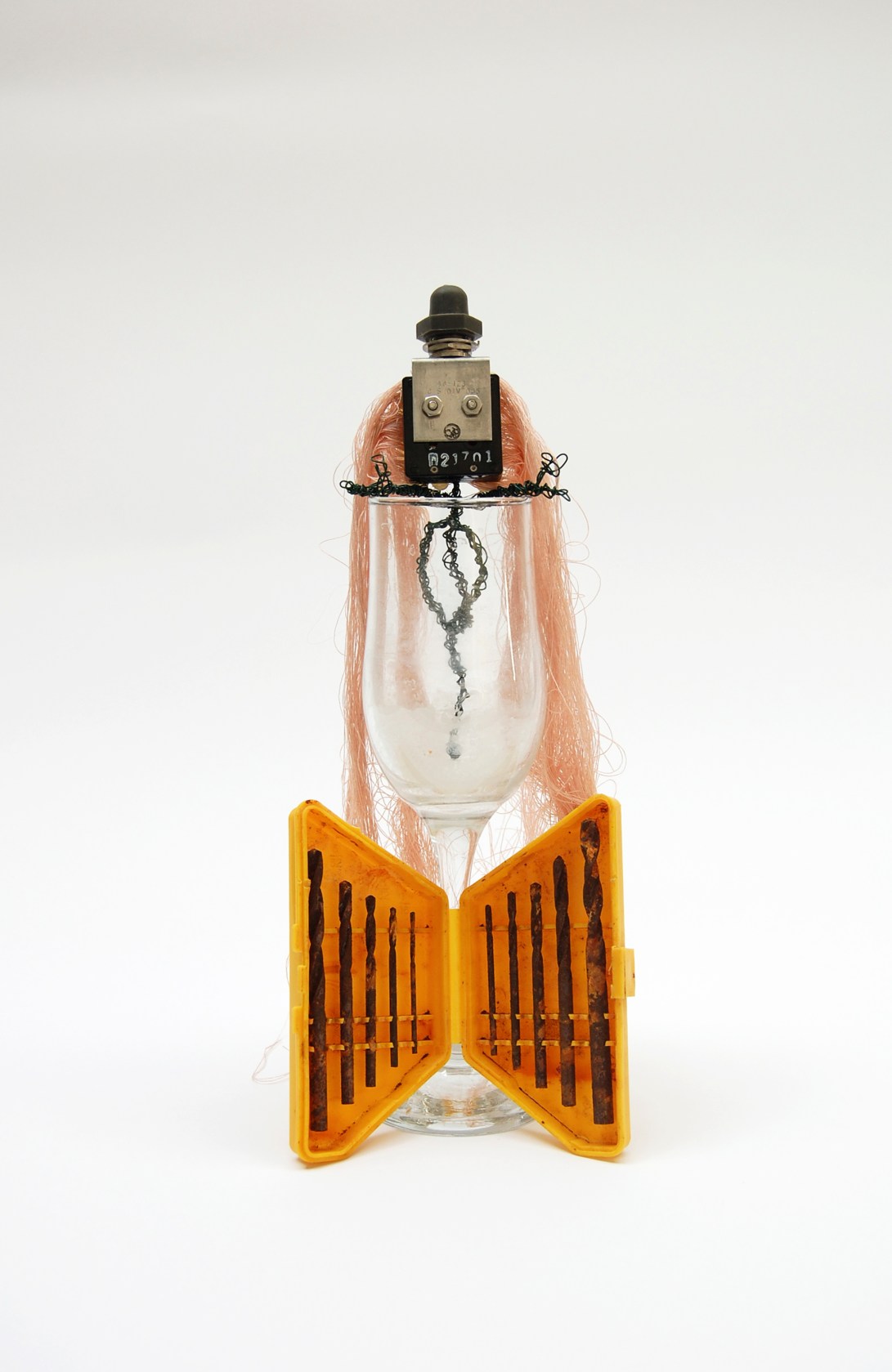 Creature #4,  circuit part, silicone adhesive, wires, string, glassware, and drill bits 