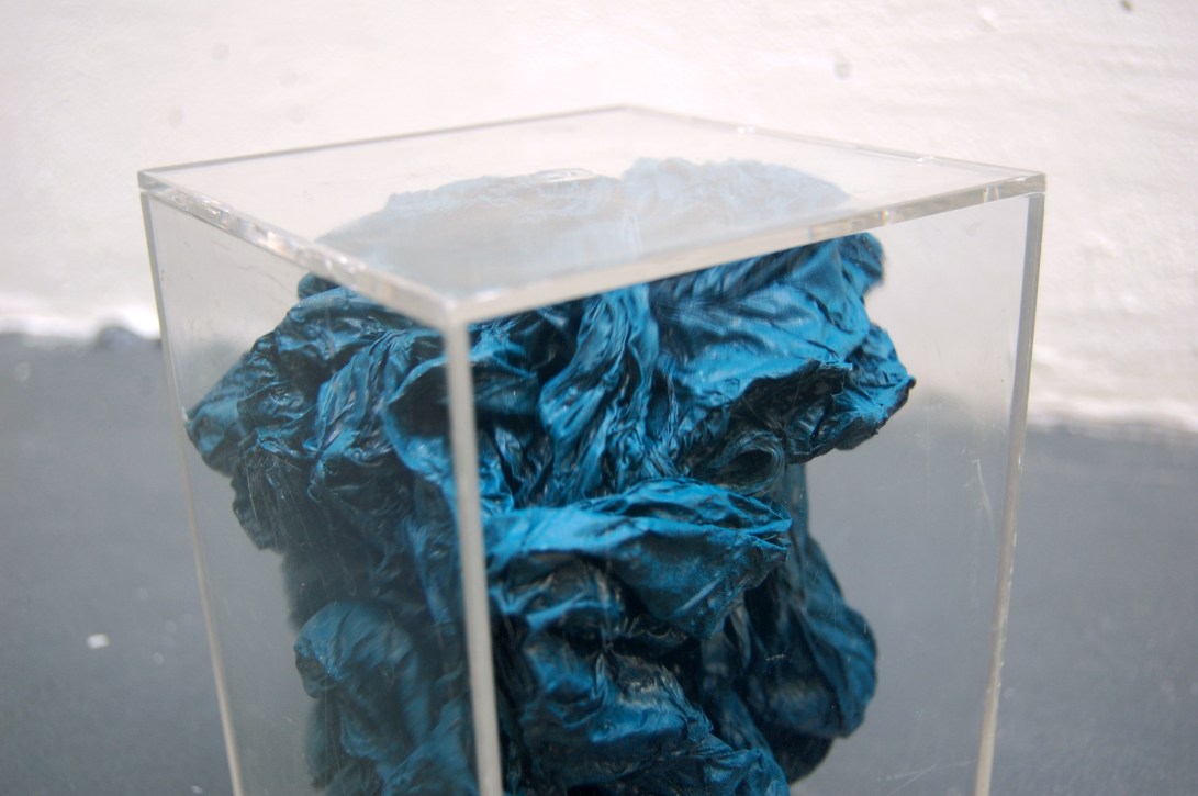 Caged (details), Plexi-box, plastic sheeting, spray enamel, 