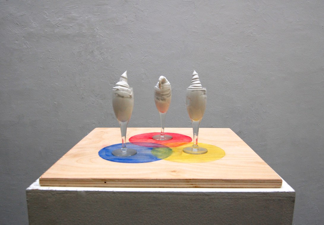 Color Convergence, glassware, silicone, wood,  watercolor, 12" x 12" x 6"