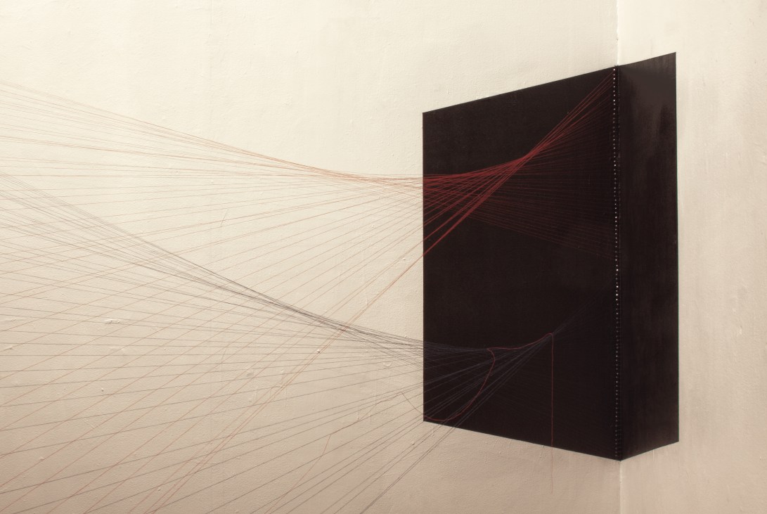 Entangled in Emergence (detail), Plastic Sheet, Black Enamel, String, Nails, Installation